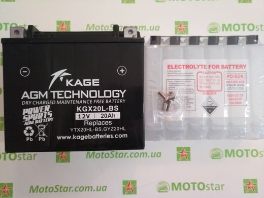 KAGE KGX20L-BS Мото аккумулятор 20 A/ч, 230 A, (-/+), 175x87x155 мм