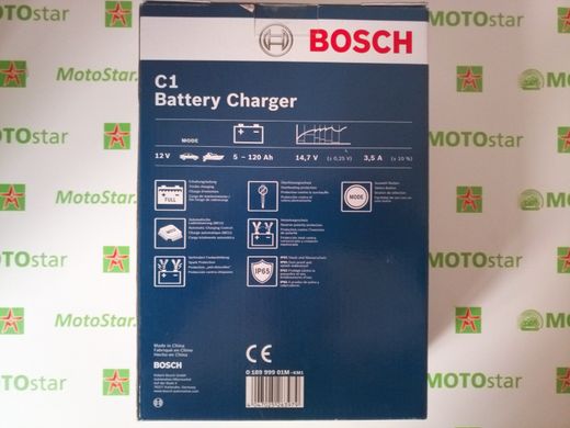 Зарядное устройство Bosch C1 0189999 01M для аккумуляторов 12V (Ca / Ca; EFB; GEL; VRLA), максимальный зарядный ток 3,5, емкость заряженного аккумулятора 120Ah