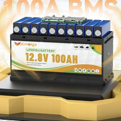 Акумулятор FLYFOREE LiFePO4 12V/100AH (1280W*h), Smart BMS, Bluetooth APP, (літій-залізо-фосфатний акумулятор для ДБЖ (UPS))