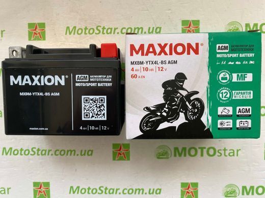 Акумулятор MXBM-YTX4L-BS AGM MAXION (12V, 4Ah), 113x70x85 мм, вага 1,37кг