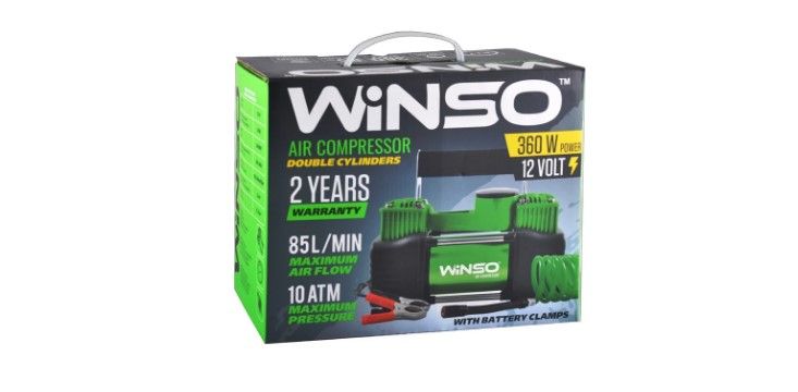 Компрессор автомобильный Winso 10 атм, 85 л / мин. 2-цилиндровый 360W., Кабель 3м., Шланг 5,7м.,