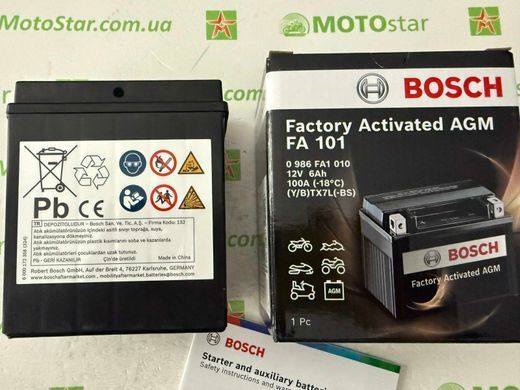Акумулятор BOSCH 0 986 FA1 010 (YTX7L-BS) AGM 6Ah 100А, Factory Activated, 113х70х130 мм