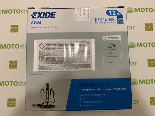 EXIDE ETX14-BS / YTX14-BS Акумулятор 12 А/ч, 200 А, (+/-), 150х87х147 мм, вага 4,6кг