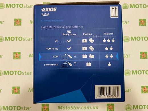 EXIDE ETX14-BS / YTX14-BS Мото аккумулятор 12 А/ч, 200 А, (+/-), 150х87х147 мм, вес 4,6кг