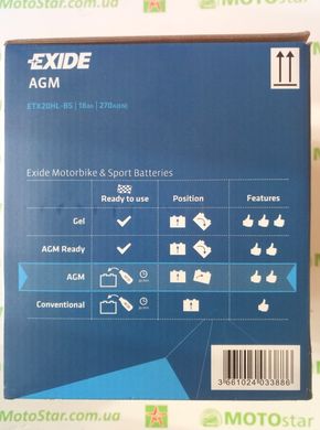 EXIDE ETX20HL-BS / YTX20HL-BS Акумулятор 18 А/ч, 270 А, 175х87х155 мм