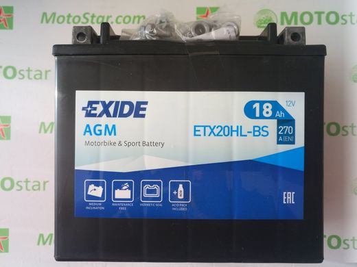 EXIDE ETX20HL-BS / YTX20HL-BS Мото аккумулятор 18 А/ч, 270 А, (-/+), 175х87х155 мм