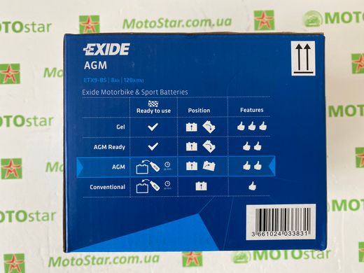 EXIDE ETX9-BS / YTX9-BS Акумулятор 8 А/ч, 120 А, (+/-), 150х87х105 мм