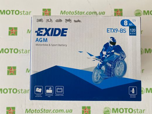 EXIDE ETX9-BS / YTX9-BS Мото аккумулятор 8 А/ч, 120 А, (+/-), 150х87х105 мм