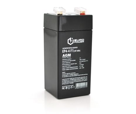 Аккумуляторная батарея EUROPOWER AGM EP4-4F1 4 V 4 Ah (47x47x100 (105)) Black Q30/2160, вес - 0,44 кг