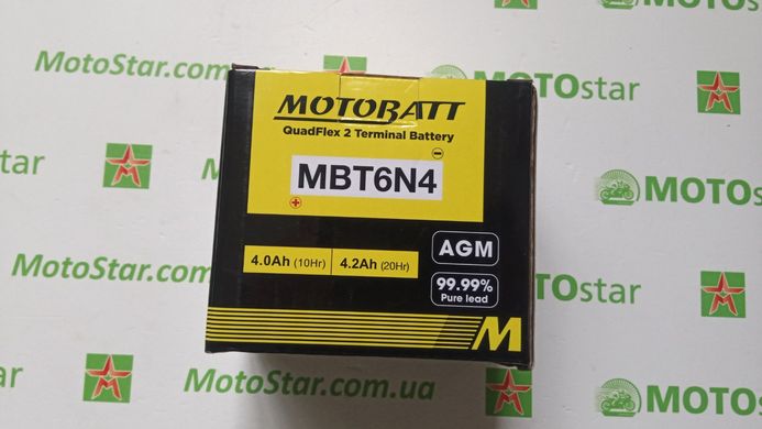 Аккумулятор MBT6N4 Motobatt 6V AGM 4Ah, C20 4.2Ah, 71x71x96 мм