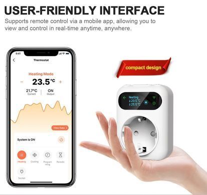 Цифровий термостат Tuya WIFI, розетка 16 А, дистанційний регулятор температури, таймер, перемикач охолодження та нагріву, датчик NTC 3 м