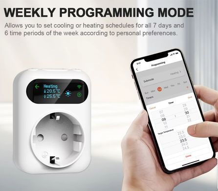 Цифровий термостат Tuya WIFI, розетка 16 А, дистанційний регулятор температури, таймер, перемикач охолодження та нагріву, датчик NTC 3 м