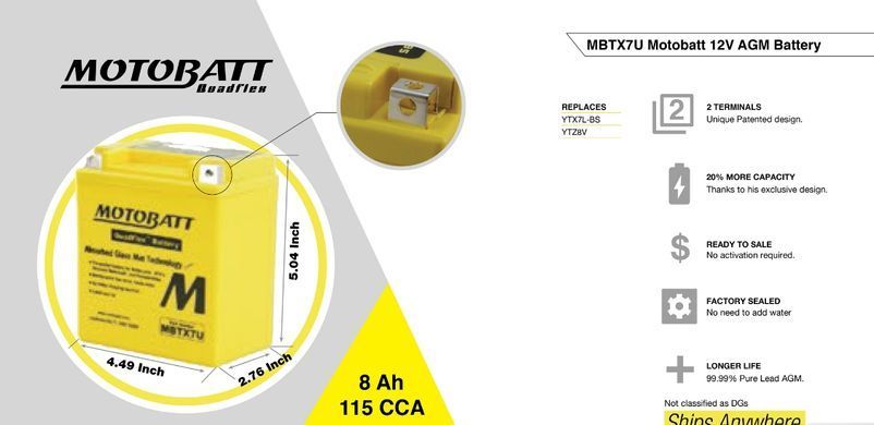 Motobatt MBTX7U Мото акумулятор 8 A/ч, 115 A, (-/+), 114x70x128 мм (YTX7L-BS)